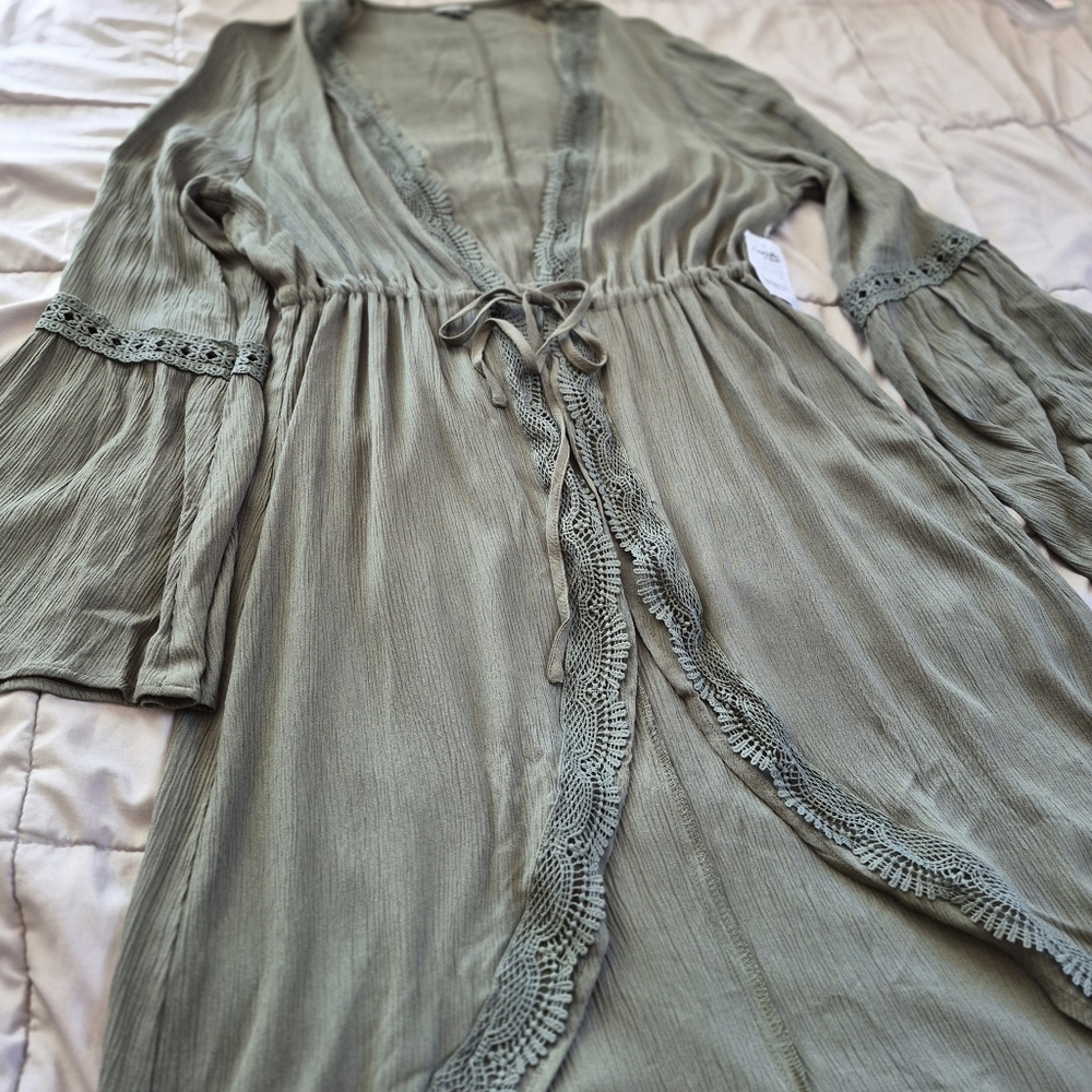 NWT Charlotte Russe Boho Olive Green Lace Trim Duster/Tie-Front Peasant Dress, L - Picture 3 of 7